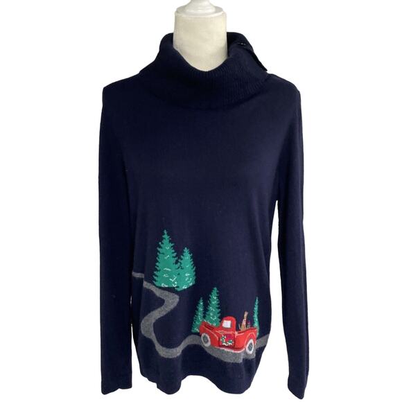 Talbots Womens Sweater Blue Christmas Holiday Red Truck Lambswool Blend Navy M - Picture 6 of 7